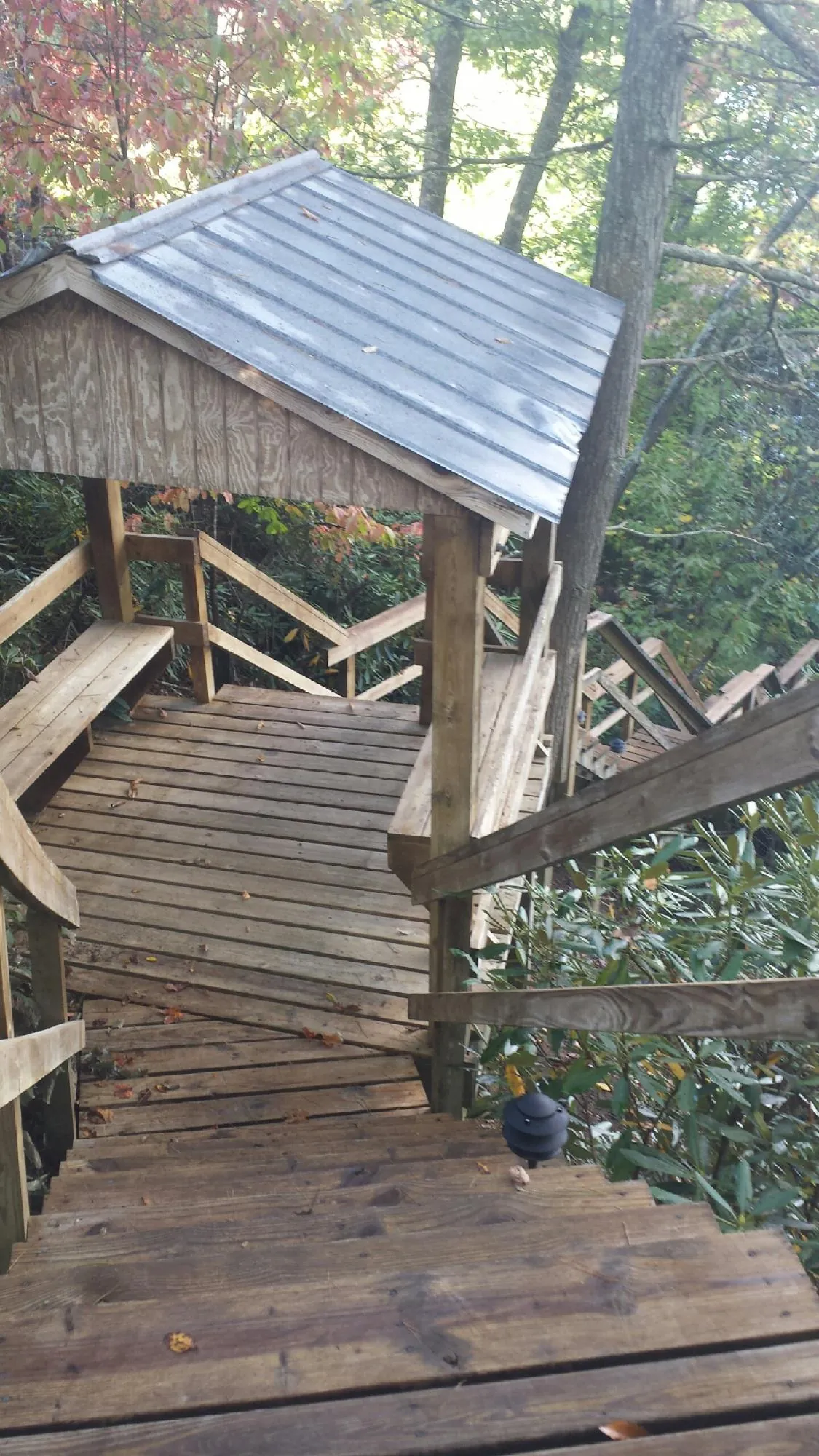 Metal roofed shelter over wooden steps on a wooded walkway — Skylight Repair & Installation work by our crew in Macksburg